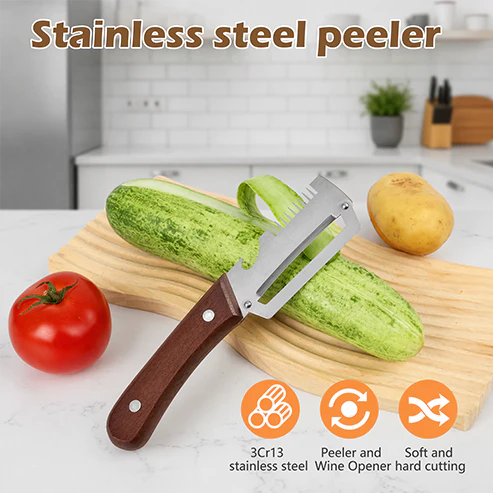4-in-1 Wooden Handle Peeler with Bottle Opener